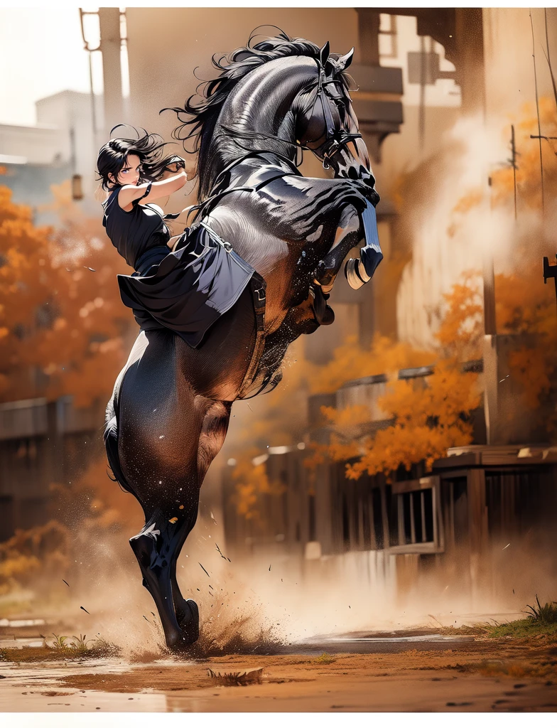 ((best quality)), ((anime masterpiece)), (high detailed), 8k, cinematic lighting, realistic, HDR, vivid color, anime screencap, 20 years old woman riding a WHITE HORSE, {black hair}, red eyes, medium breast, cleavage, (white armor, black glove, black miniskirt, bare legs, brown boots), river, (from side: 1.2), anatomically correct
