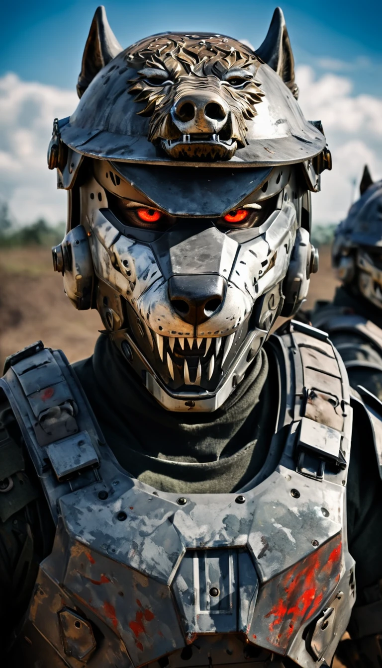 Close-up of a wolf head soldier, half human, half beast, their faces partially obscured by military helmets. Their eyes are filled with hapiness and longing. The background is a trail of blood and violence. He wears a mechanized robot armor, carved with animal elements, human skulls. The sky is filled with swirling, fiery clouds. The photo conveys a strong sense of the warrior's appearance, ((smiling))