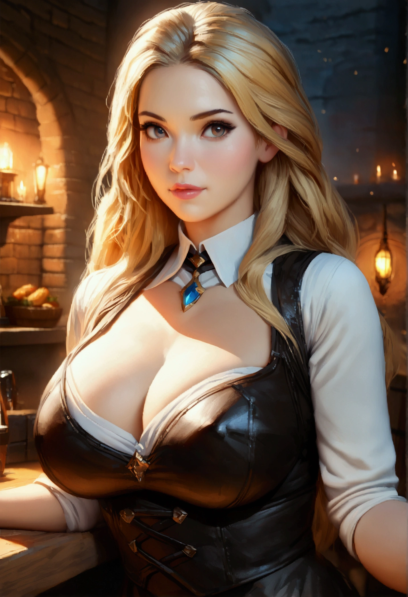 a beautiful anime blonde woman, incredibly tight waitress uniform, clothes are constricting her large breasts, thin waist, working in a medieval tavern, (dungeons and dragons style, middle earth setting, baldurs gate inspired, rpg atmosphere), (best quality, 4k, 8k, highres, masterpiece:1.2), ultra-detailed, realistic, photorealistic, photo-realistic:1.37, HDR, UHD, studio lighting, ultra-fine painting, sharp focus, physically-based rendering, extreme detail description, professional, vivid colors, bokeh, portrait