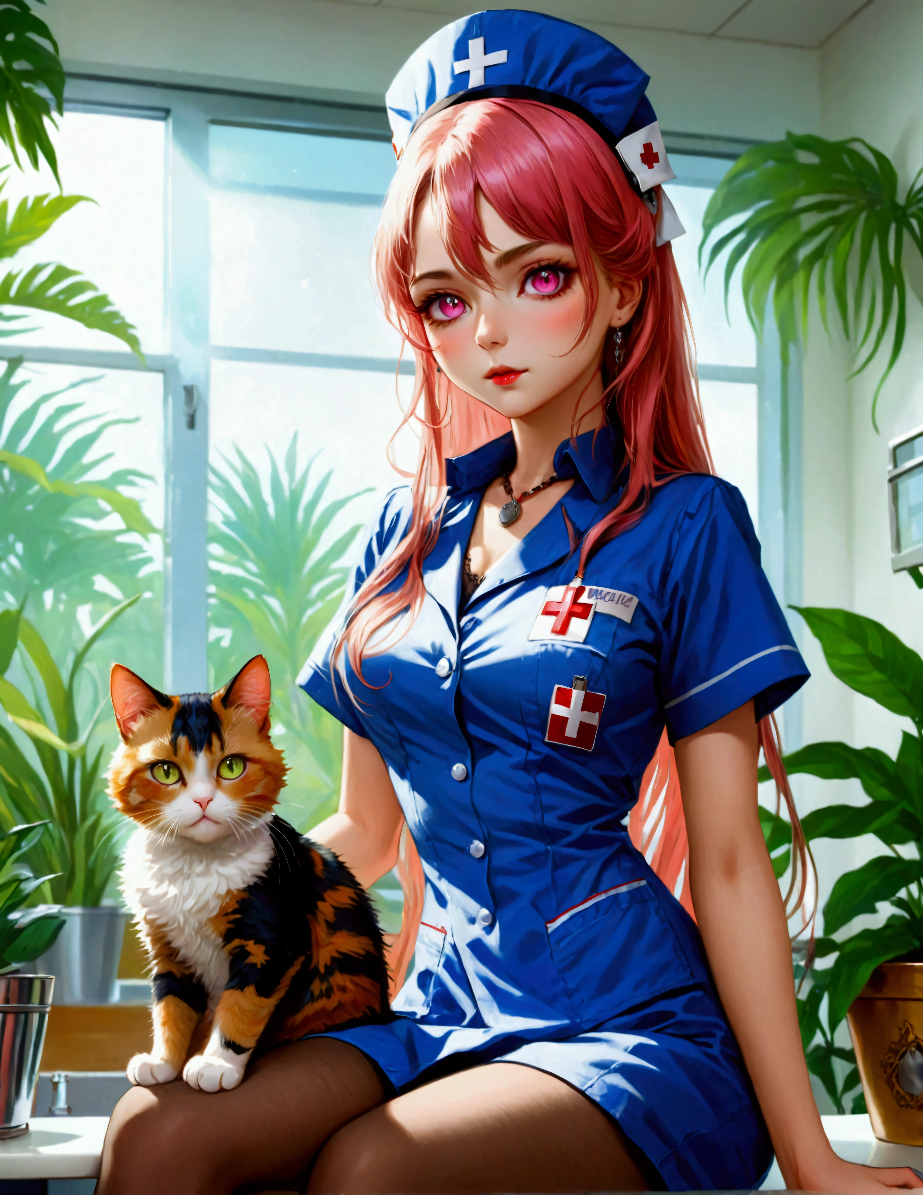 (Stunning extravagant) vampire nurse (sitting on counter), (holding calico cat), (tight buttoned-up nurse outfit with rich embellishments:1.1), (nurse hat), extremely long hair, sparkling pink eyes, (exotic rich hospital interior:1.2), plants, bright colors, masterpiece in maximum 16K resolution, best quality, ultra detailed, aesthetics, absurdes.
