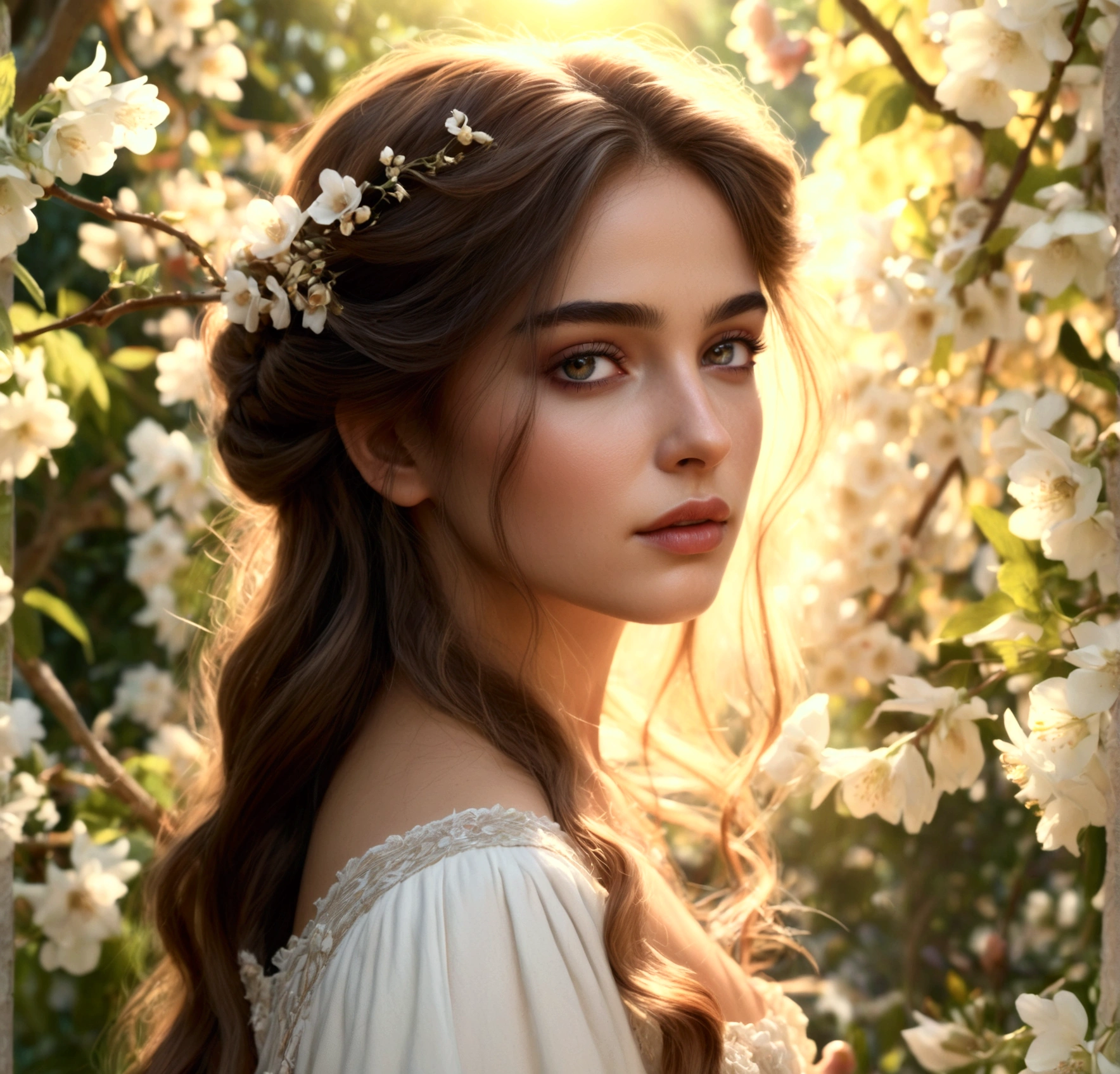 Jesús and María Magdalena.  a beautiful detailed woman with long flowing hair,stunning detailed eyes,beautiful detailed lips,extremely detailed face,longeyelashes,delicate facial features,serene expression,soft glowing skin,elegant flowing white dress,standing in a lush garden with flowers,sunlight streaming through the trees,(best quality,4k,8k,highres,masterpiece:1.2),ultra-detailed,(realistic,photorealistic,photo-realistic:1.37),intricate detailed lighting,warm color palette,natural lighting,Renaissance style,heavenly atmosphere