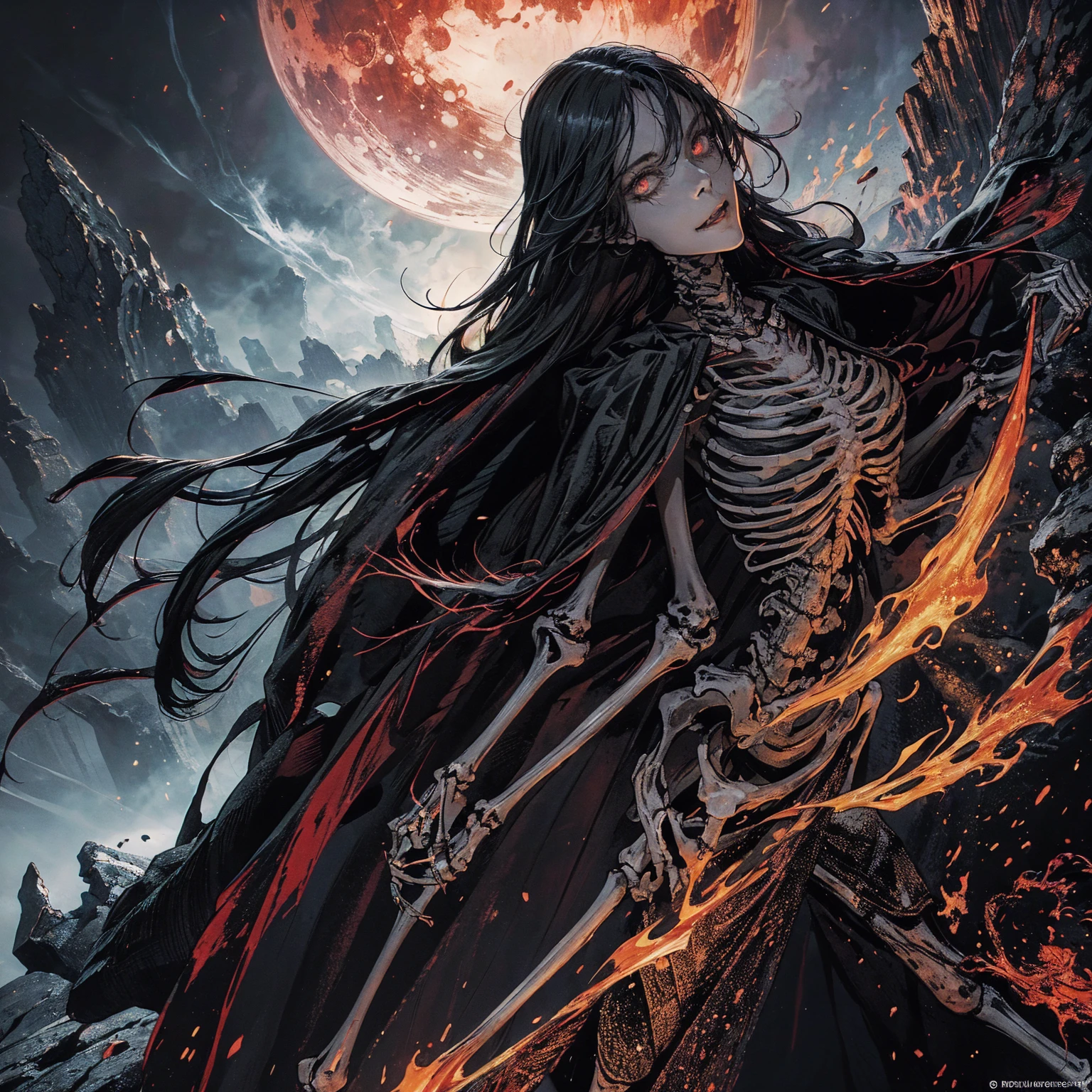 full-body shot, best quality, 4K, high resolution, masterpiece, Very detailed, Mood lighting, An undead girl in a long cape, Whole body including hands & arms & legs & feet are all skeleton bones but except the head is still beautiful human face, Wearing a ragged gothic skirt, Aloofness emotion, Dangerous sneer, Beautiful but sad smile, Black Hair, Standing, Facing the camera, Crucified, Pitch black sky, Blood-red moon, strange atmosphere, Gothic style, Unforgettable beauty, Dramatic shadows, Ethereal Light, Mysterious atmosphere.
