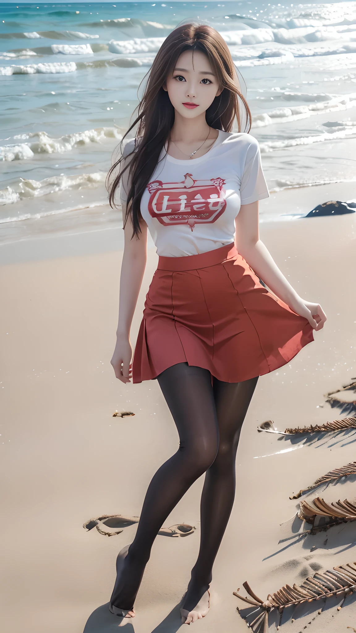 ulzzang-6500-v1.1, (RAW Photos:1.2), (Photorealistic), (Genuine:1.4), １girl、Perfect Anatomy、20 years old、Looking at the camera、Medium Long Hair、T-shirt, red skirt, (( in the beach :1.2))、(Ultra-realistic pantyhose:1.3), (Business services)、Asian Eyes Ella,