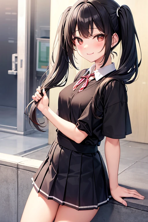 cute, girl, junior high school student, black hair, twin tails, , short sleeves, short skirt, white socks, small bust, blush, smile, see-nipples