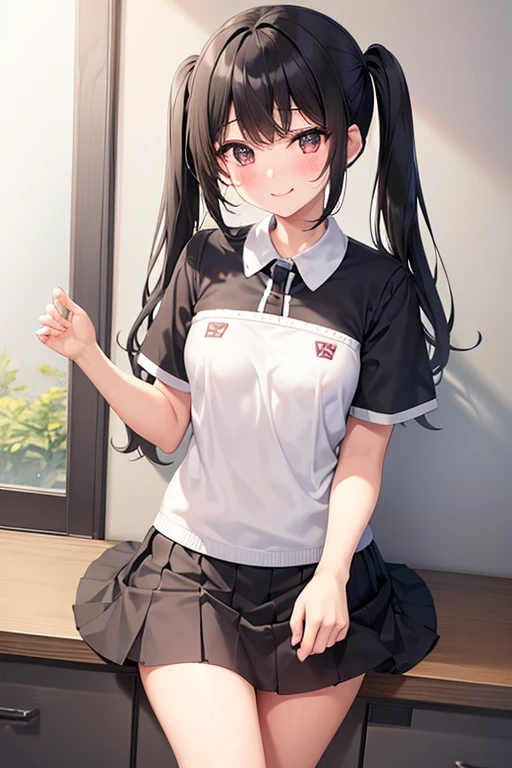 cute, girl, junior high school student, black hair, twin tails, , short sleeves, short skirt, white socks, small bust, blush, smile, see-nipples