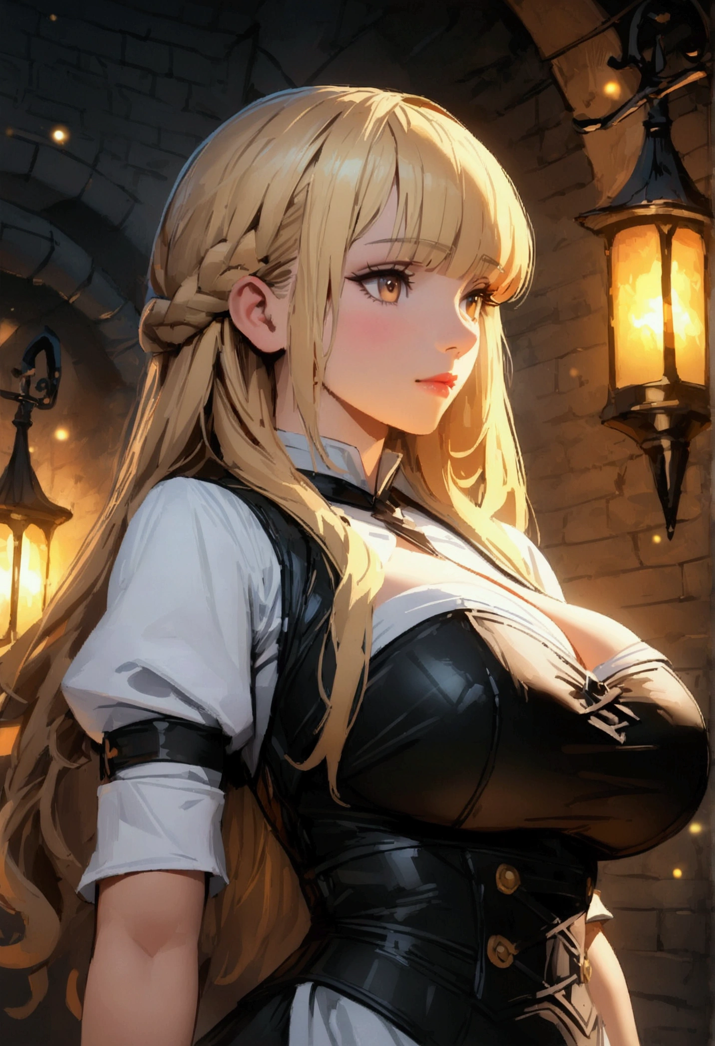 a beautiful anime blonde woman, incredibly tight waitress uniform, clothes are constricting her large breasts, thin waist, working in a medieval tavern, (dungeons and dragons style, middle earth setting, baldurs gate inspired, rpg atmosphere), (best quality, 4k, 8k, highres, masterpiece:1.2), ultra-detailed, anime c:1.37, HDR, UHD, studio lighting, ultra-fine painting, sharp focus, physically-based rendering, extreme detail description, professional, vivid colors, bokeh, portrait