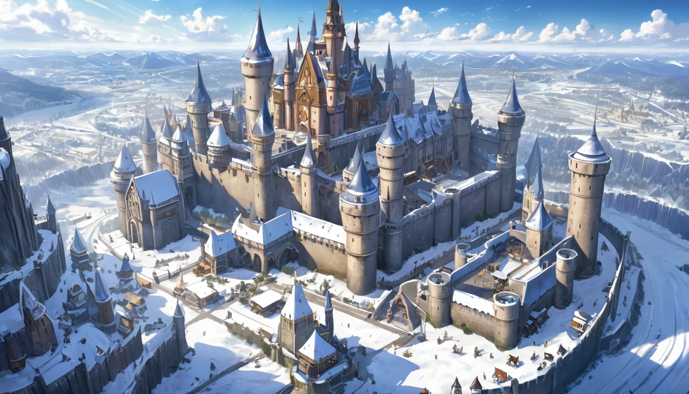Gianmours kingdom overview, fantasy anime world, the giant castle sat in the middle of the gianourmous kingdom., Large kingdom in a frozen country, castle in the middle, bustling fantasy streets,Landscape, HDR, High Detailed,