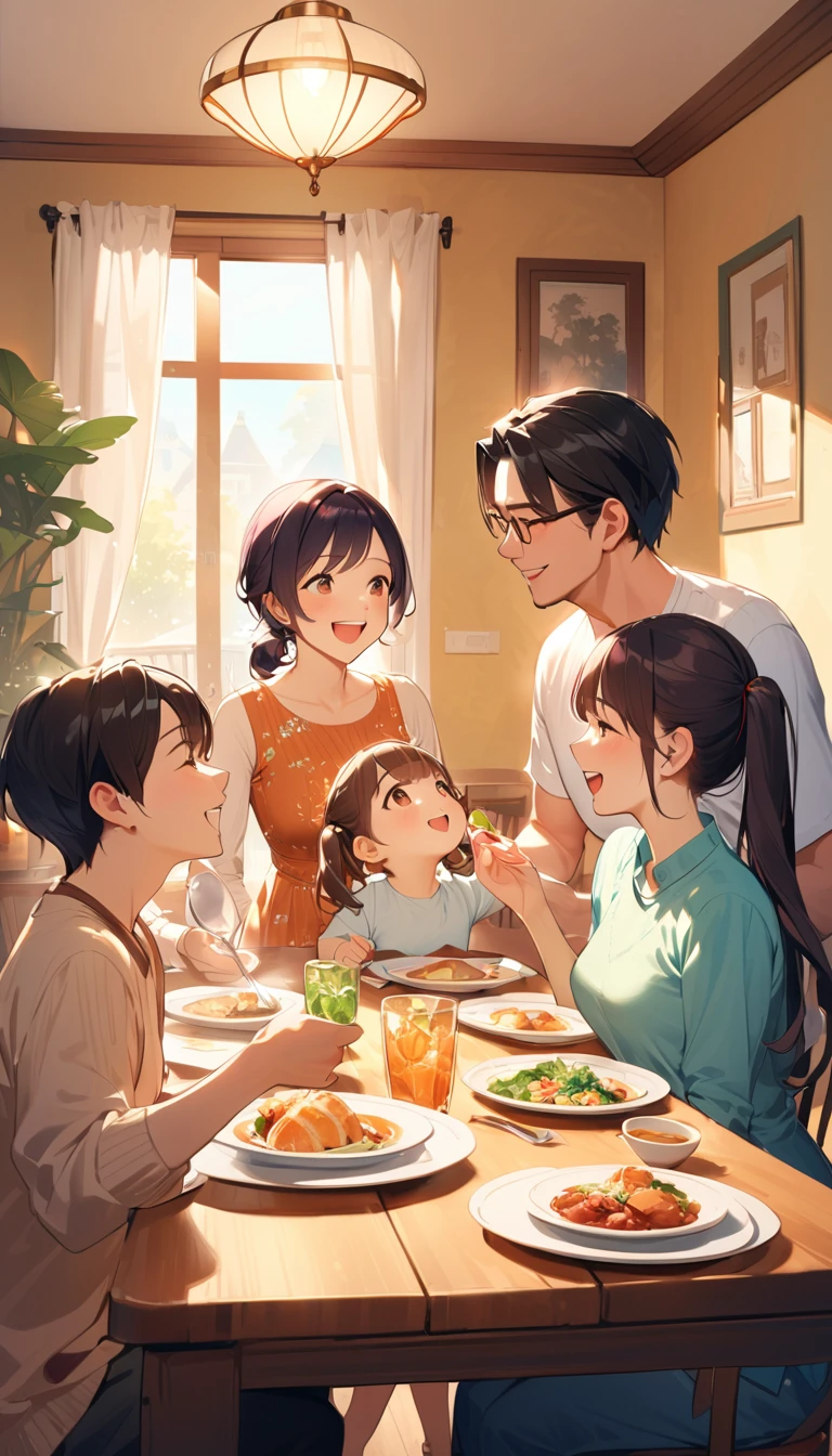 A detailed illustration of a young couple in their 20s with their 5-year-old daughter, enjoying a meal together indoors. The family of three is seated at a dining table, laughing and looking at each other with expressions of joy and love. The mother has long brown hair and is wearing a light-colored top. The father has short black hair and is dressed in casual clothing. The  has pigtails and is wearing a colorful dress. The dining room has warm lighting, creating a cozy atmosphere. The table is set with an inviting array of food. The background shows a well-furnished, cozy dining room, emphasizing the warm and loving interaction between the family members.