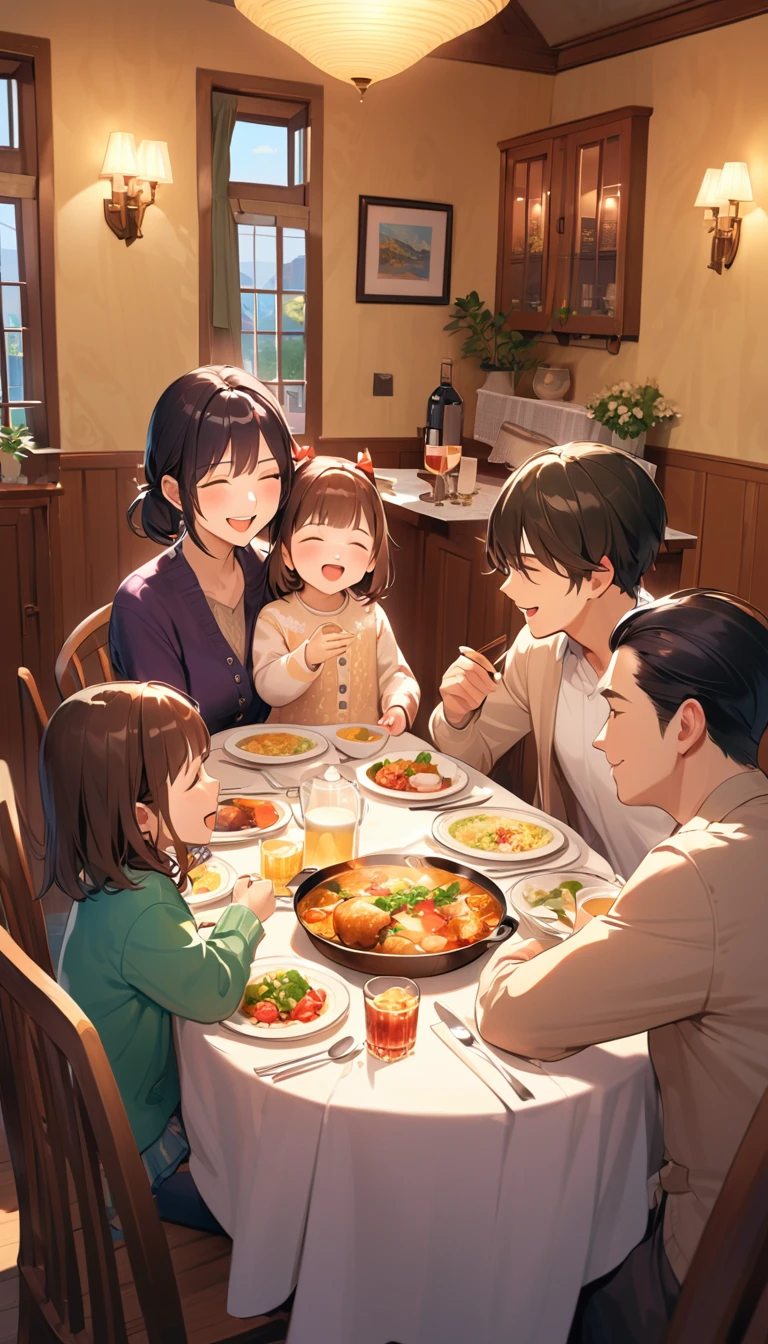 A detailed illustration of a young couple in their 20s with their 5-year-old daughter, enjoying a meal together indoors. The family of three is seated at a dining table, laughing and looking at each other with expressions of joy and love. The mother has long brown hair and is wearing a light-colored top. The father has short black hair and is dressed in casual clothing. The  has pigtails and is wearing a colorful dress. The dining room has warm lighting, creating a cozy atmosphere. The table is set with an inviting array of food. The background shows a well-furnished, cozy dining room, emphasizing the warm and loving interaction between the family members.