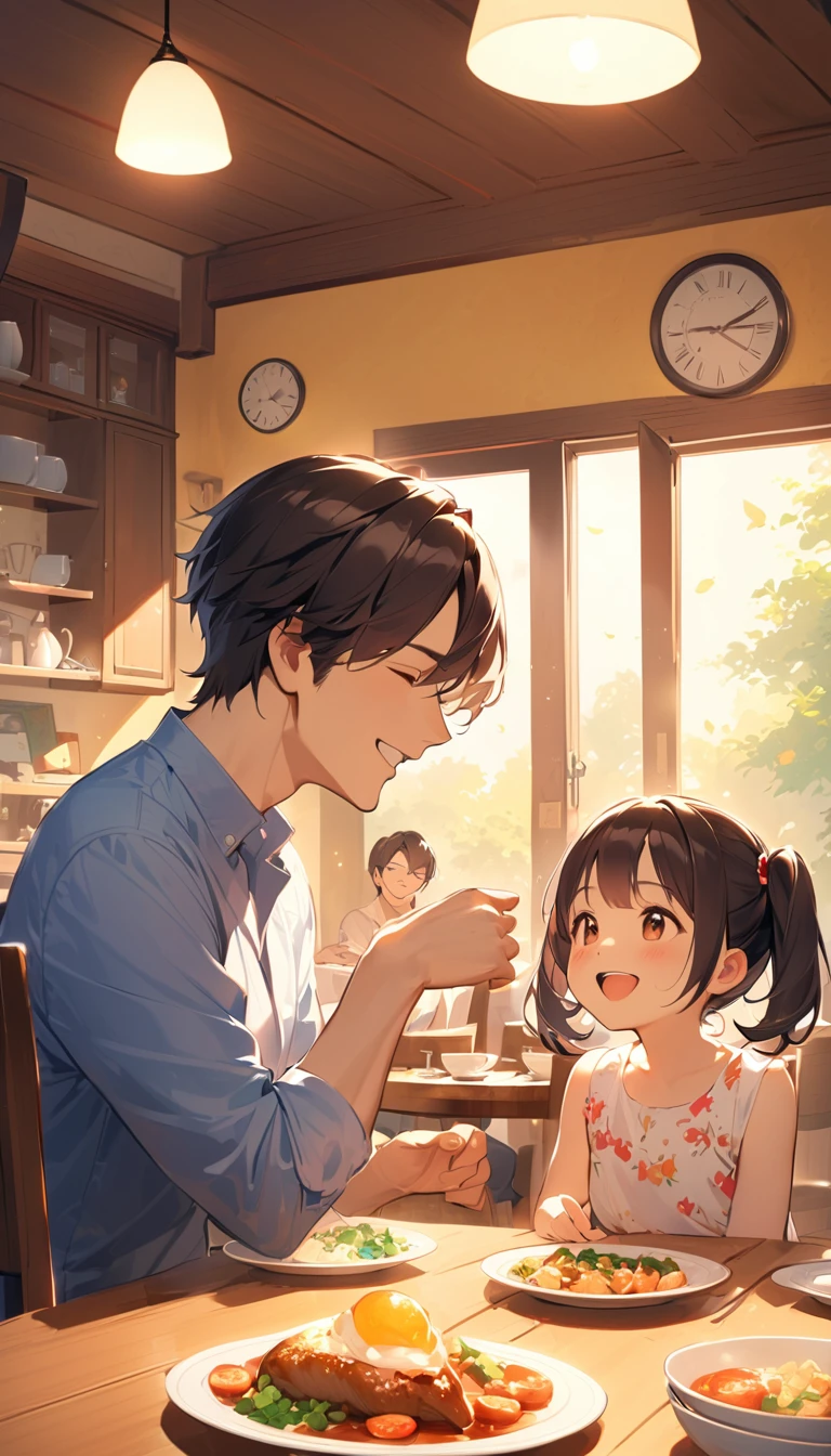 A detailed illustration of a young couple in their 20s with their 5-year-old daughter, enjoying a meal together indoors. The family of three is seated at a dining table, laughing and looking at each other with expressions of joy and love. The mother has long brown hair and is wearing a light-colored top. The father has short black hair and is dressed in casual clothing. The has pigtails and is wearing a colorful dress. The dining room has warm lighting, creating a cozy atmosphere. The table is set with an inviting array of food. The background shows a well-furnished, cozy dining room, emphasizing the warm and loving interaction between the family members.