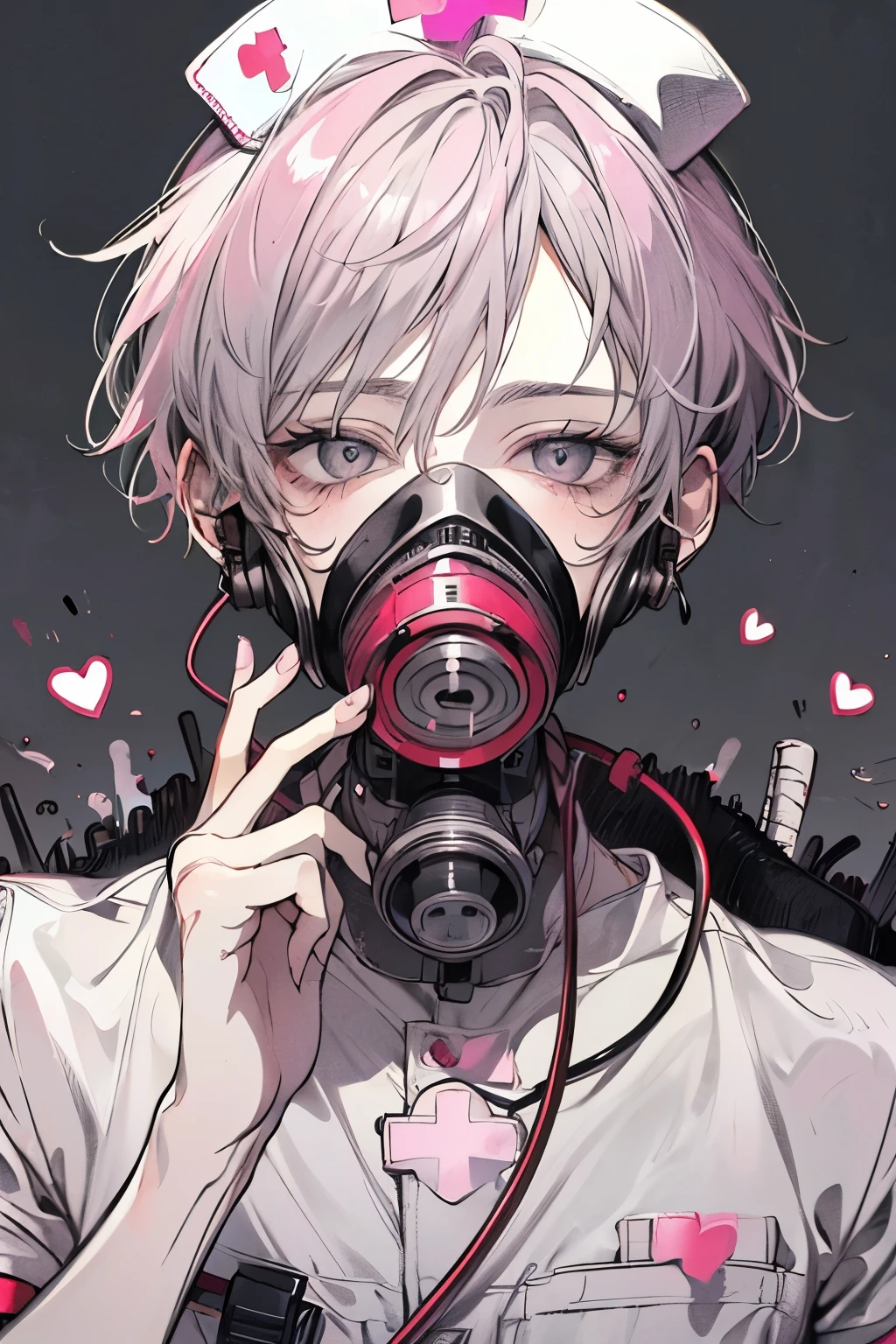 Beautiful young man, pinkpurple-haired, ((Gray eyes)),(short wave hair:1.2), (gas mask:1.2),((nurse costume:1.2)),clear wear,High quality, amount of drawing, pixiv illustration,(heart hands:1.2),close-up Face,red-cheek.