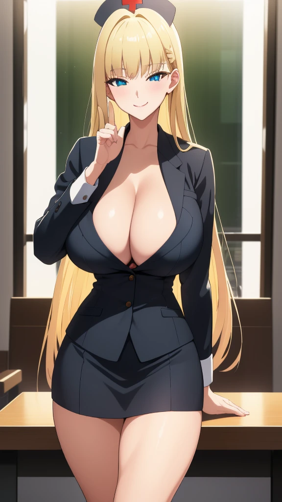 (Highest quality:1.5, High resolution, 超High resolution, 4K, Detailed lighting, Shaders, Perfect Hand Anatomy), Blonde Straight Hair, Big Breasts, Nurse uniform, Cleavage, Thighs, smile, throw, Close-up shot, Are standing, Hospital Background