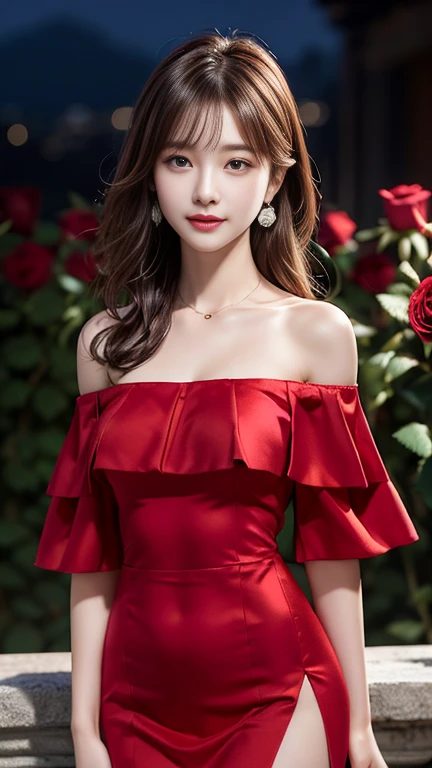 best qualtiy，tmasterpiece，high resolucion;，1girll，Red floral dress，red dress，Gorgeous and extraordinary dresses，Hair ornaments，Choker necklace，jewely，jewelry earrings，beautifull face，Red high-gloss lipstick，Full breasts，indeed，Dingdall Effect，realisticlying，Park with fountain，edge lighting，Two-tone illumination，（highdetailskin：1.2），8k Ultra HD， Digital SLRs, softlighting, High High Quality, Bolshetic Light, Sneak Shooting, Potoreh, high resolucion;, 4k, 8K, background bokeh, Gorgeous decorative dresses,