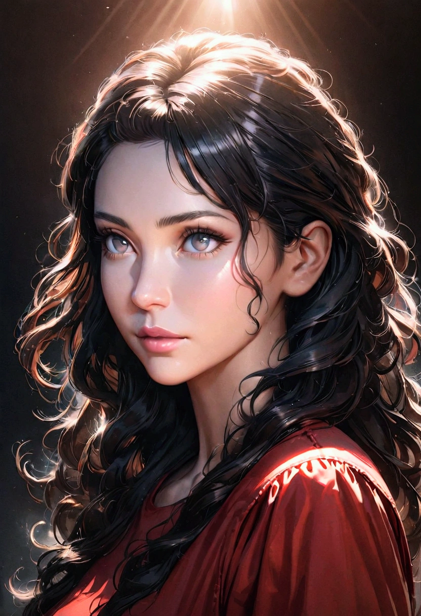 Beautiful woman with long wavy black hair_Delicate gray eyes, Pointed nose, Moderately full light pink lips, Wearing casual sportswear, 1980s style, Detailed facial features, Detailed clothing, Detailed hair, Dramatic lighting, Cinematic composition, Vivid colors, Photorealistic, Highly detailed, Glowing portrait, Masterpiece, Superb quality, 8k, Highly realistic, Hyper realistic Detailed,