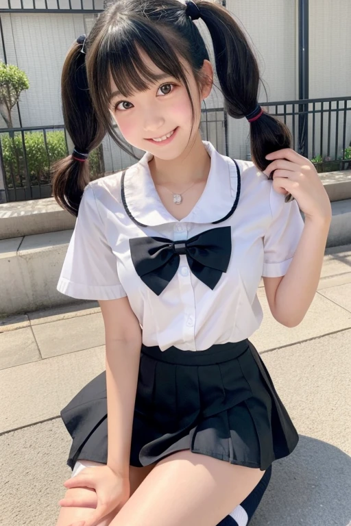 cute, girl, junior high school student, black hair, twin tails, , short sleeves, short skirt, white socks, small bust, blush, smile, see-nipples