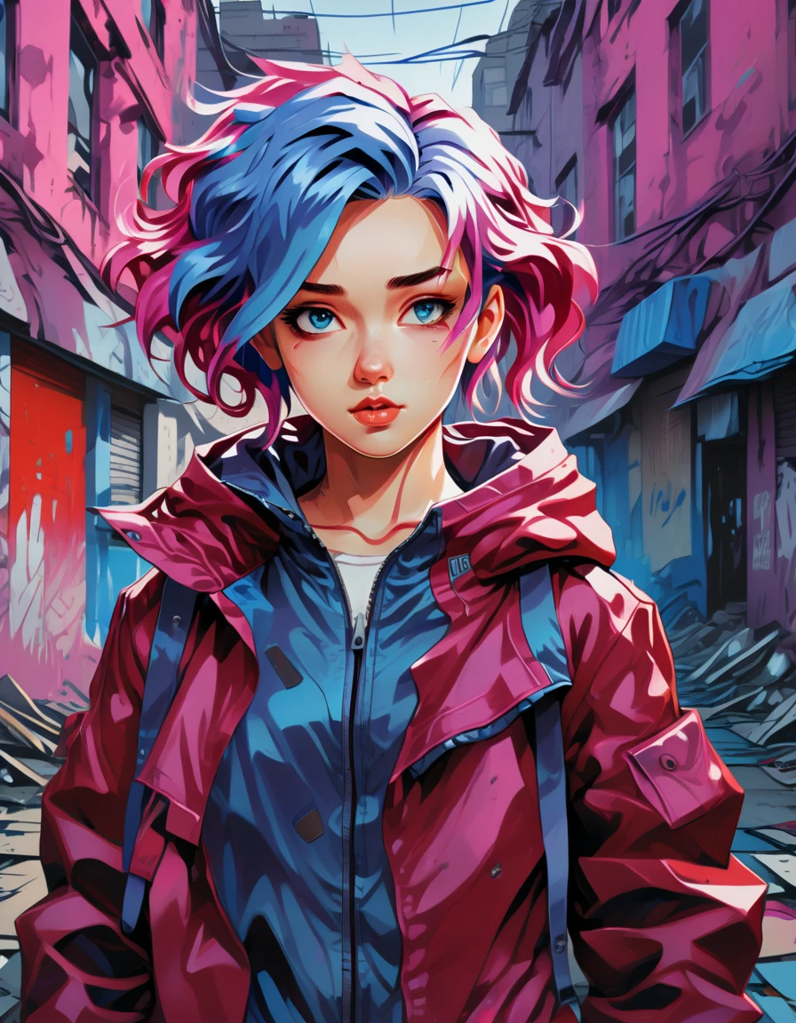 anime girl with blue hair wearing a dark red jacket, in the style of hdr, surrealistic urban scenes, comic art, hannah yata, light magenta and blue, shiny eyes, digital neo-expressionism