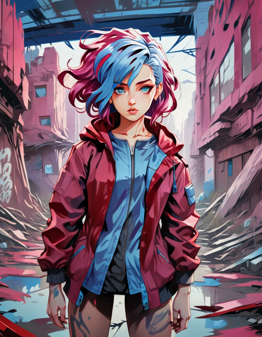 anime girl with blue hair wearing a dark red jacket, in the style of hdr, surrealistic urban scenes, comic art, hannah yata, light magenta and blue, shiny eyes, digital neo-expressionism