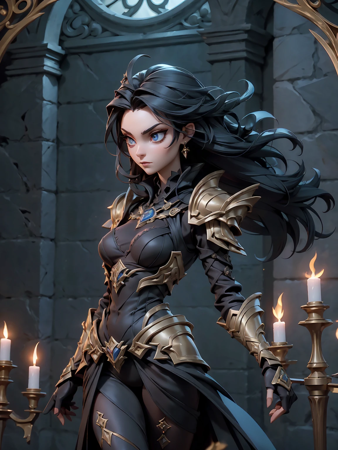 A breathtaking artwork of a female character of unimaginable beauty, set in a dark and opulent environment. The full-body view reveals an impressive figure, exuding an aura of power and mystery. She wears black and gold clothes, radiating a luxurious darkness. Her armor is detailed and characteristic, with intricate golden designs that shimmer in the dim light. Ornate shoulder pads protect her shoulders, and the armor perfectly molds to her body, accentuating her formidable presence.
Her long black hair flows like a river of darkness, contrasting with her mesmerizing scarlet eyes. Her beauty is almost supernatural, a perfect blend of grace and menace. She wields a cursed blade that seems to pulse with malevolent energy, enhancing her aura of danger.
The setting around her is a gothic and luxurious environment, with dark arches and stained glass windows that filter a supernatural light. In the background, candles flicker, casting dancing shadows on the intricately carved stone walls. It is a place that blends elegance and terror, perfectly reflecting the essence of the character.