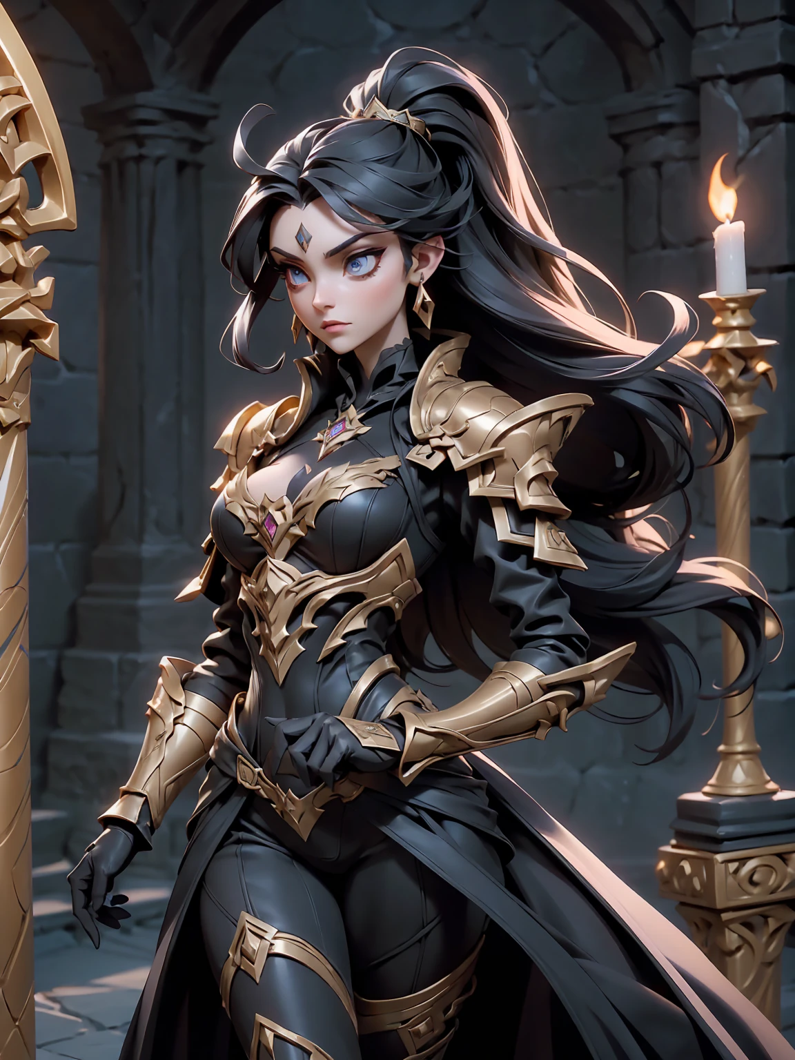 A breathtaking artwork of a female character of unimaginable beauty, set in a dark and opulent environment. The full-body view reveals an impressive figure, exuding an aura of power and mystery. She wears black and gold clothes, radiating a luxurious darkness. Her armor is detailed and characteristic, with intricate golden designs that shimmer in the dim light. Ornate shoulder pads protect her shoulders, and the armor perfectly molds to her body, accentuating her formidable presence.

Her long black hair flows like a river of darkness, contrasting with her mesmerizing scarlet eyes. Her beauty is almost supernatural, a perfect blend of grace and menace. She wields a cursed blade that seems to pulse with malevolent energy, enhancing her aura of danger.

The setting around her is a gothic and luxurious environment, with dark arches and stained glass windows that filter a supernatural light. In the background, candles flicker, casting dancing shadows on the intricately carved stone walls. It is a place that blends elegance and terror, perfectly reflecting the essence of the character.
