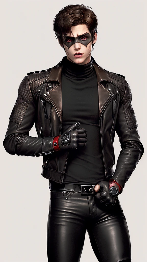 ,((jason todd)),((young cute and cool ikemen boy)), ((face is no paint and no mask)),((mesh bands only white color)),his age is early 20s, thin eyebrows and beady eyes, ((he wearing all light brown color thin leather jacket)),((leather jacket is single-brest)),((leather jacket is long sleeve)),((also wearing black thick material turtleneck lackluster shirts)),((chest area on red color bat illustration)), ((tight dark gray color leather pants)),((put black color protection leather glove on both hands)),((black color middle length leather boots)),((Japanese style character))