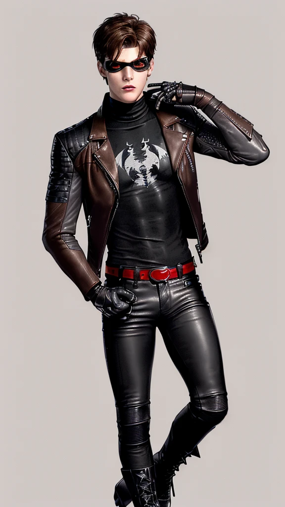 ,((jason todd)),((young cute and cool ikemen  boy)), ((face is no paint and no mask)),((mesh bands only white color)),his age is early 20s, thin eyebrows and beady eyes, ((he wearing all light brown color thin leather jacket)),((leather jacket is single-brest)),((leather jacket is long sleeve)),((also wearing black thick material turtleneck lackluster shirts)),((chest area on red color bat illustration)), ((tight dark gray color leather pants)),((put black color protection leather glove on both hands)),((black color middle length leather boots)),((Japanese style character))