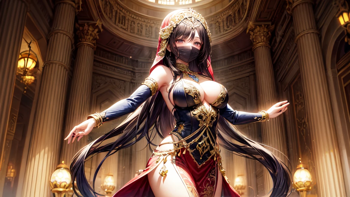 A beautiful woman in an elaborate, gold and emerald outfit similar to traditional Arabian or Persian attire, dancing in front of a majestic palace. The palace features intricate architecture with domes and arches, reflecting the splendor of ancient Arabian or Persian design. The woman has long, flowing dark hair adorned with gold jewelry and a confident expression. Her face is partially covered by a delicate face veil, revealing only her expressive eyes. Her attire includes intricate patterns and details, capturing the essence of Arabian or Persian culture. The overall atmosphere should be both regal and captivating, with the woman's graceful dance movements adding to the scene's elegance and charm.