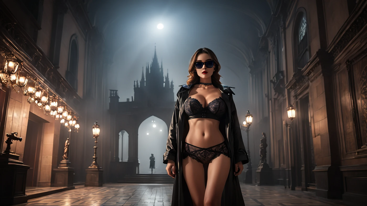 Silent Hill style mysterious scene at night, blurred lights, distant ancient castle ruin, broken statue. (((1girl, solo, alone))), female explorer, large-breast:1.1 slim:0.6 body, cleavage:1.1, sexy lingerie with jacket, (black sunglasses), (((she raised a pistol:1.8 and shot:1.8 the viewer))), dynamic pose, (((half-body thigh:1.1 level medium shot))), mysterious fog, cinematic lighting, ray tracing, fisheye lens.