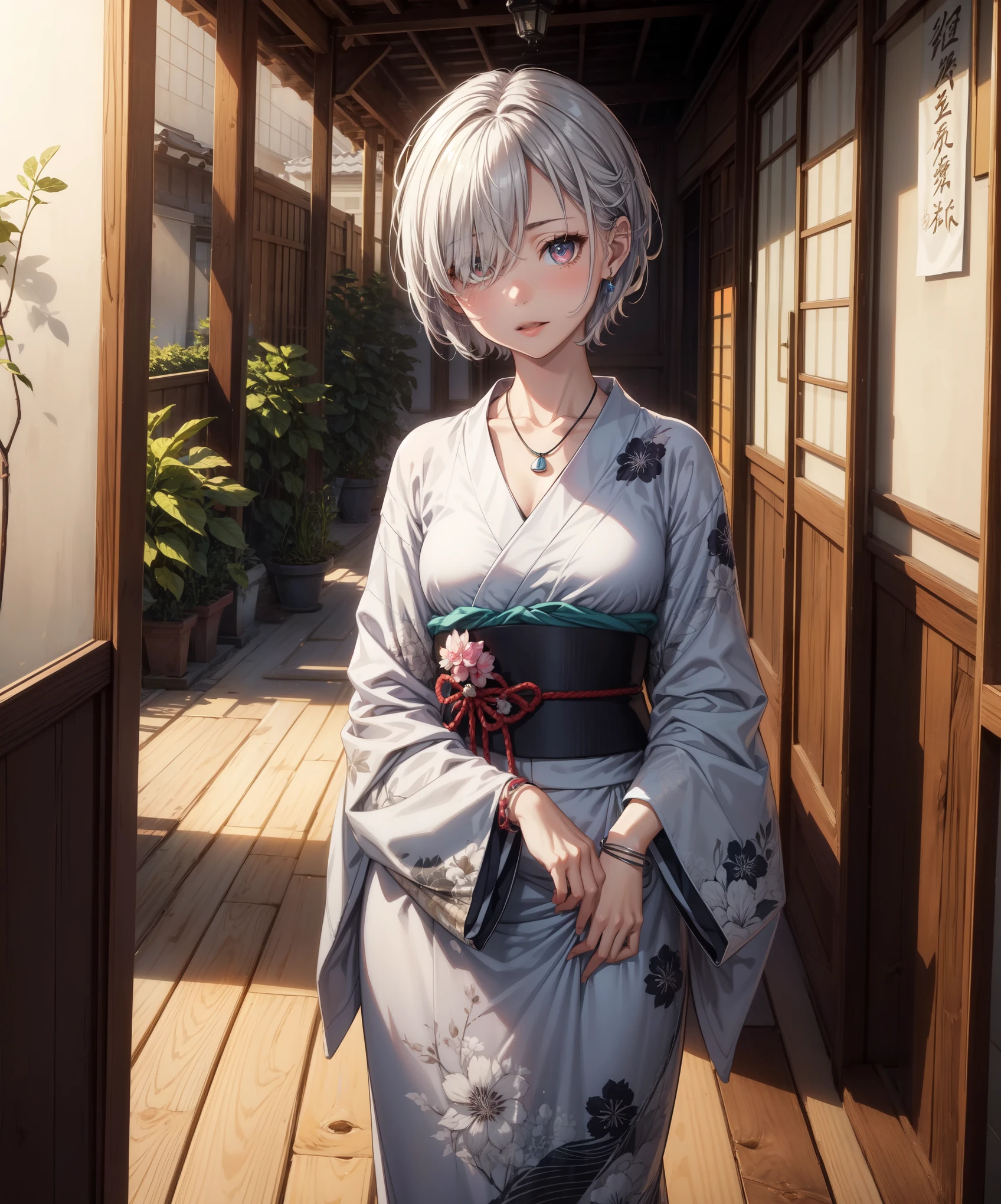 (Highest quality、High resolution、8k、masterpiece)。古き時代を感じるEdo Periodの和室。View of the garden。Look away、Open your mouth、Pink Eyes、Silver Hair、Heart shaped pupil、teeth、tongue、tongueを出す、（Original Character, (1 Girl)、Perfect Face、((short hair:1.2))、(Hair above one eye:1.3)、[[Disheveled Hair]]、Detailed eyes that shine、Light and shadow、 ((High angle shot))、Full body、bracelet、necklace、Disheveled clothes、Follow the Silver Wolf、Edo Period、kimono、turn around。Show your back。Back view。Put your hands behind your back。period drama。