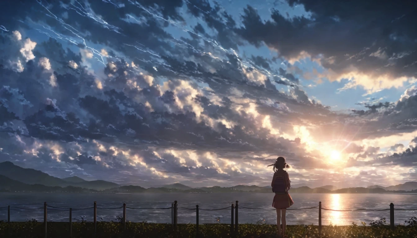 Girl watching the beautiful weather before the storm, ultra realistic anime style 8k