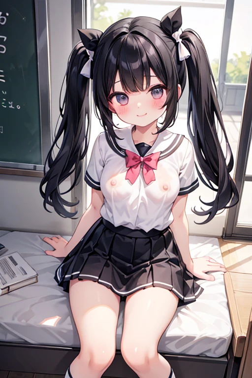 cute, girl, junior high school student, black hair, twin tails, , short sleeves, short skirt, white socks, small bust, blush, smile, see-nipples