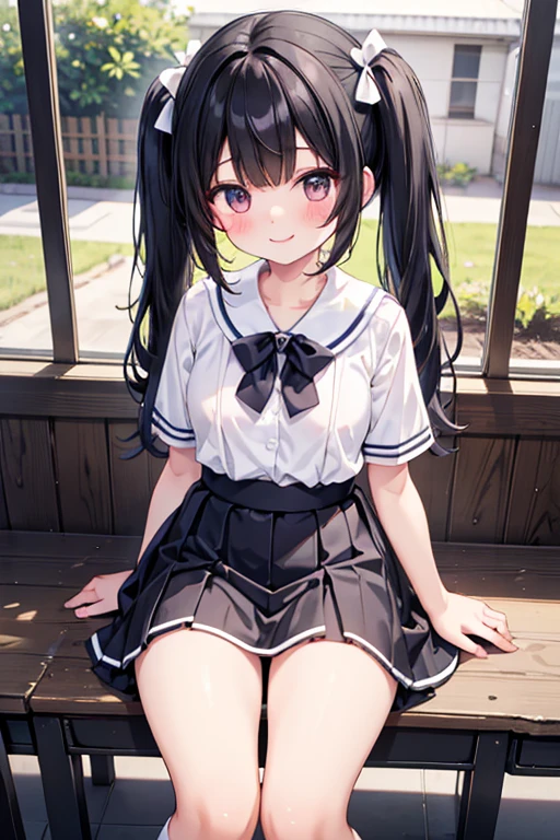 cute, girl, junior high school student, black hair, twin tails, , short sleeves, short skirt, white socks, small bust, blush, smile, see-nipples