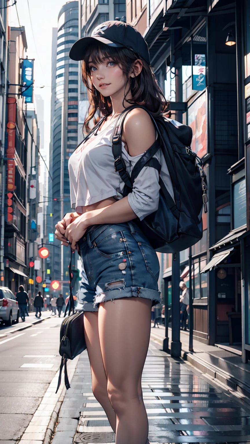 Japanese woman in her 20s、Bright smile、Casual street style with a cityscape as the backdrop。Oversized hoodies、Denim shorts、sneakers、Wearing a cap、backpack on shoulder