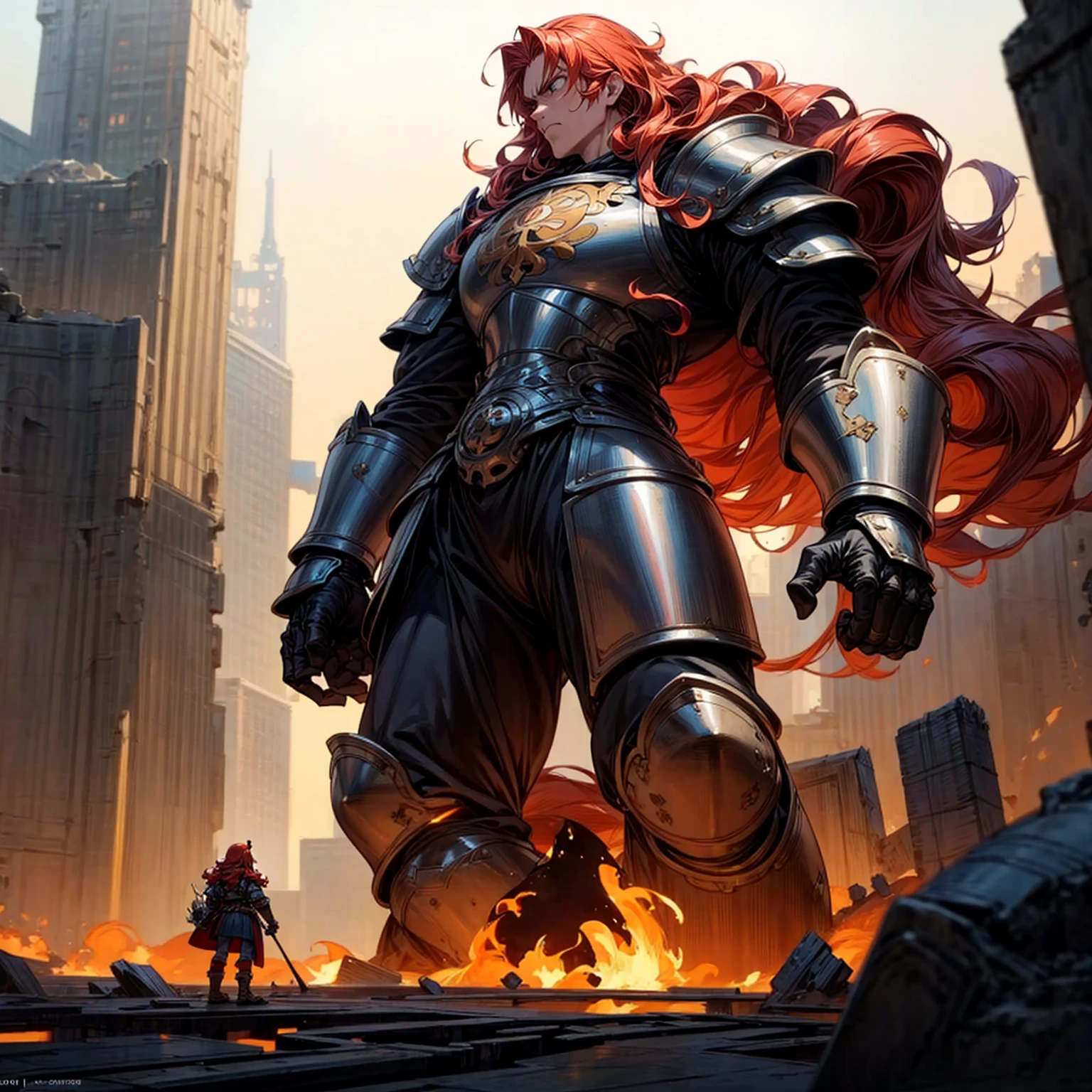 view of the royal city with a giant in the middle, giant in the middle of the city, destroyed city, fire city, The giant had long curly red hair, was wearing iron armor and boots, Very angry giant, very tall, 100 feet tall, full body version Giant, (one piece style art), ultra detailed, hd, motion blur, lighting