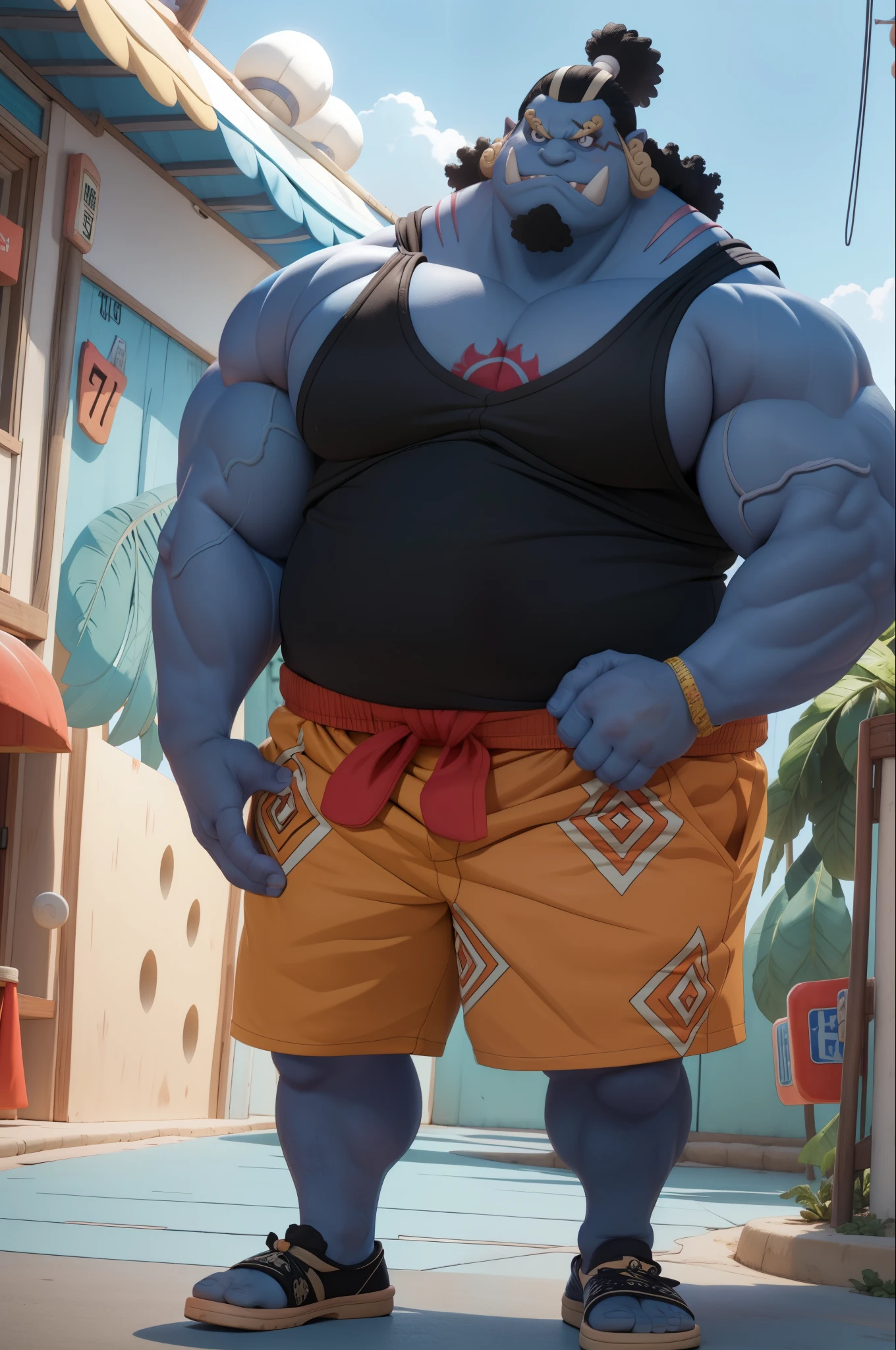 chubby man (jinbei) in street, blue skin, muscular, wide pectoral, beach, palm trees, (wearing shorts and black tank top, shoes), realistic, 8k, masterpiece, highly detailed, photorealistic, hyper detailed, cinematic lighting, vibrant colors, dynamic composition