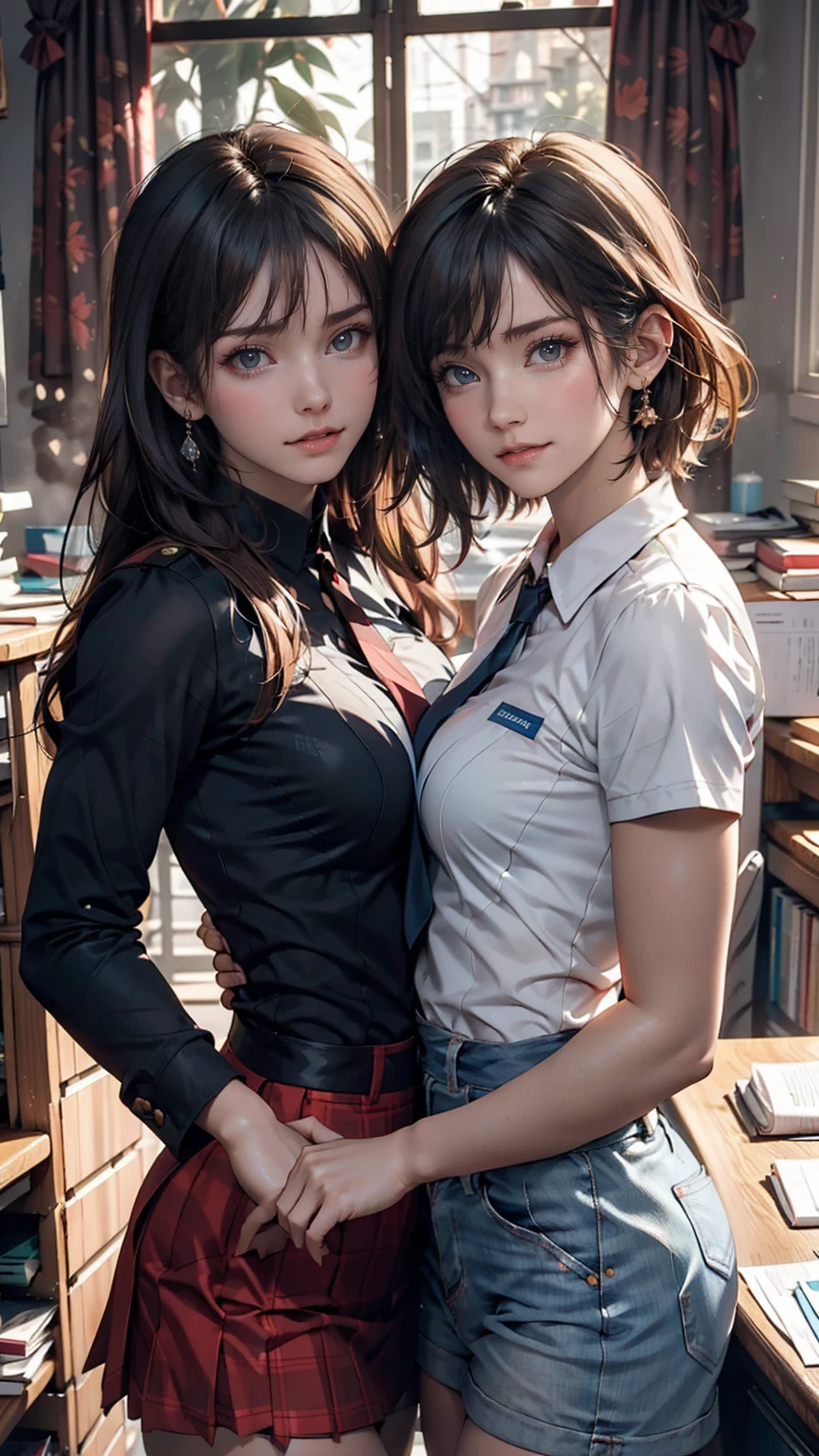 Love Student, Two female students in uniform, Lesbian couple, Tall and thin, beautiful, Alumni, Classmate