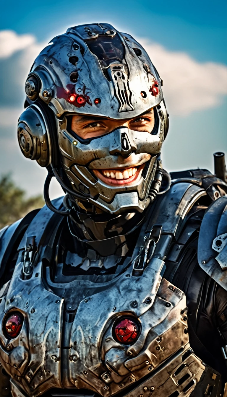 Close-up of a handsome male soldier, half human, half machine, ((no military helmets)). Their eyes are filled with hapiness and longing. The background is a trail of blood and violence. He wears a mechanized robot armor, carved with animal elements, human skulls. The sky is filled with swirling, fiery clouds. The photo conveys a strong sense of the warrior's appearance, ((smiling))