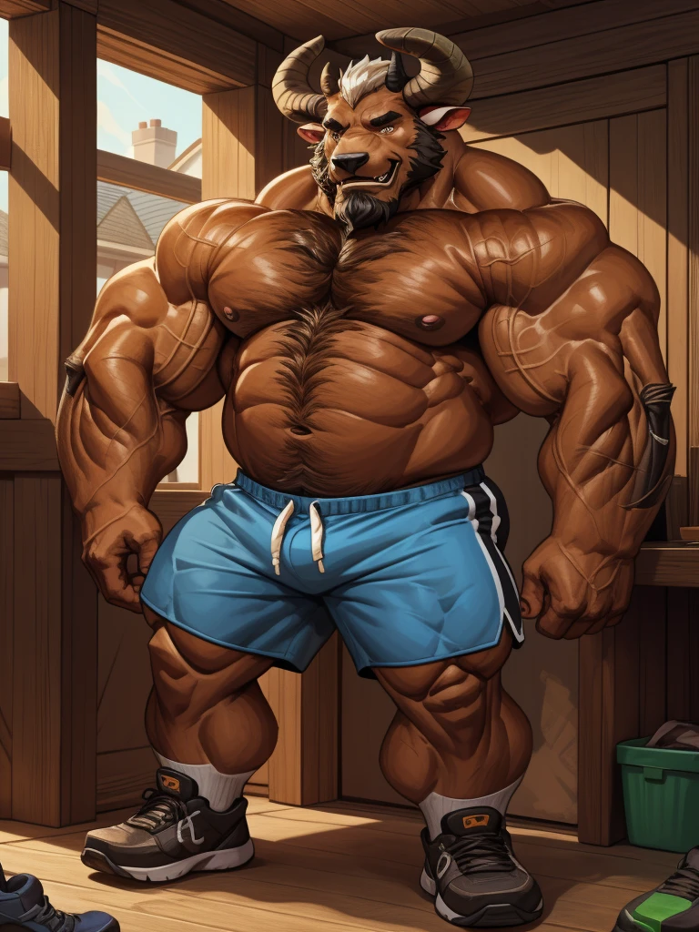 a potrait, half body, semirelistic:1.2, ((huge horn's, black horn's)), furry bull, thick beard, black mustache, black nose, thick mustache, massive muscle, masterpiece, detailed face, muscular old man in front house, old man, bearded. white hair and beard, bearded, ((muscular, pectoral, wide pectoral, huge pectoral, thick arm, huge arm)), realistic, 8k, masterpiece, (wearing shorts and shirtless:1.3, topless, shoes), smile, brown bear