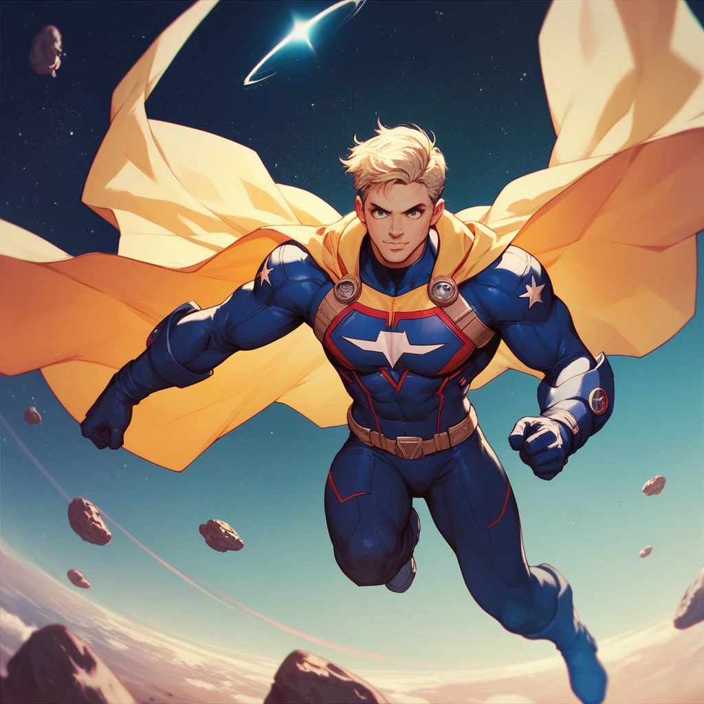 Superhero, white, with big arms and chest, flying to the outer space, with a black and yellow cape, and boots, the iniform is black, with a yellos circle on the chest