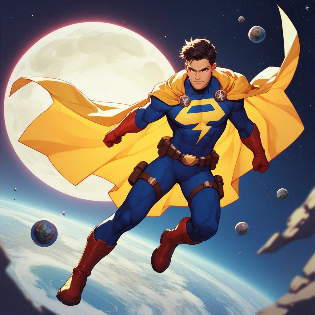Superhero, white, with big arms and chest, flying to the outer space, with a black and yellow cape, and boots, the iniform is black, with a yellos circle on the chest