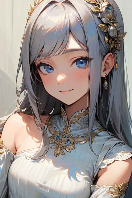(masterpiece: 1.2, Highest quality), (Actual Photos, Intricate details), 1. woman, alone, Upper Body, casual, Shoulder-length hair, Minimal makeup, Natural materials, Face close-up, smile, Home, Gray Hair, blue eyes, Shoulder Bare、優しいsmile、the face remains the same、gorgeous hair accessory、