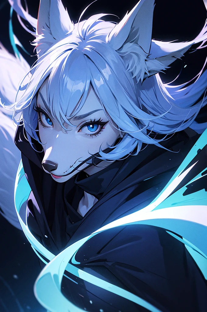Just the head of the spectral fox , I want the image to be Full HD 4K , focus on blue and black colors
