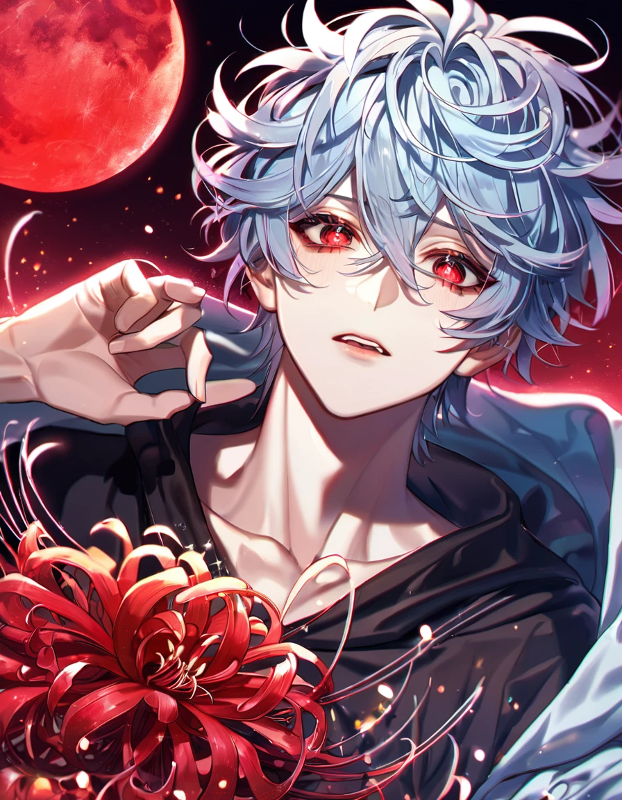 absurdres, highres, ultra detailed, HDR, master piece, best quality, extremely detailed, Kuro, light-blue hair, messy hair, expressive red eyes, Servamp, solo, sexy man, handsome, sensual, light blue hooded coat, black shirt, fantasy, red blood water, sparkling, red glittering fireflies, red moon, red blossoms, red spider lilies, red sparkling lights, starry sky, magical