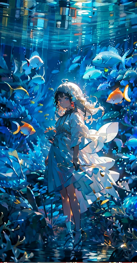 (muste piece), (best quality), very detailed, 1 girl, perfect face, (solo full body shot:1.3), very detailed顔，(white long hair:1.5)，(gold eyes:1.4)，(in water:1.4)，(white dress:1.5)，Ocean，coral reef，School of small fish，light，bubble，jellyfish，Ocean藻，(深Ocean:1.4)，fantasy，Ocean底，float
