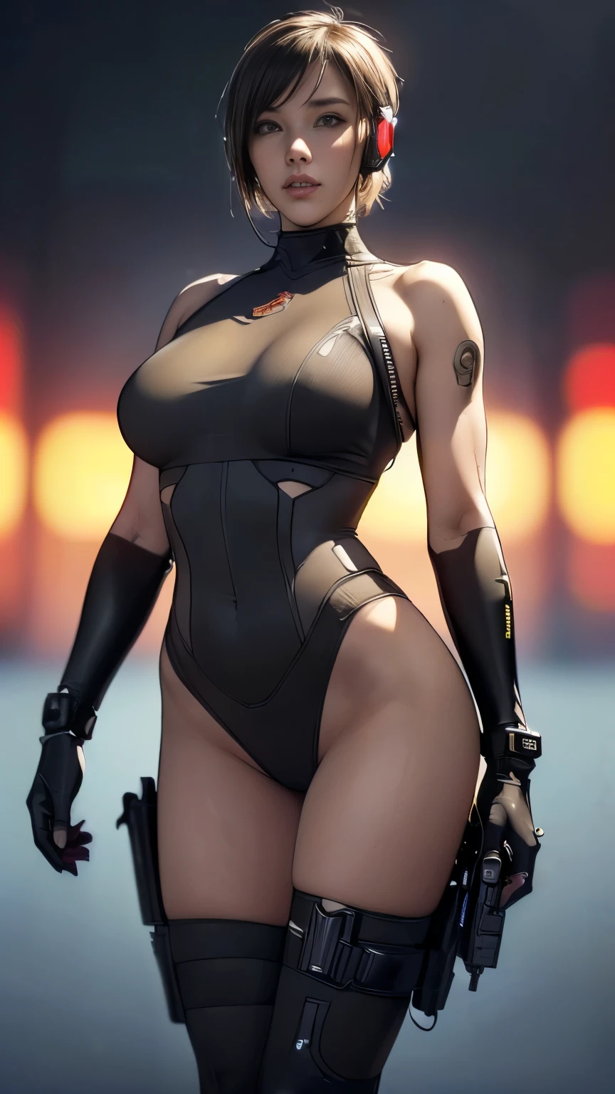 (A woman),(((A female special forces member stands))),((Yellow tactical High leg bodysuit:1.5)),((earphone:1.5)),((Tactical Holster:1.5)),(Gloves:1.5),(Serious:1.5),(Super short hair:1.5),(bionde:1.5),(beautiful eyes:1.3),(Very detailedな顔:1.5),((Very detailed drawing of a female hand:1.5)),((muscular:1.5)),(Sexy appearance:1.5),((Thick thighs:1.5)),(Beautiful Body:1.5),((Very sensual:1.5)),(The backdrop is a futuristic city:1.5),(Cyberpunk atmosphere:1.5),(((Blurred Background:1.5))),(Written border depth:1.5),rest(((masterpiece:1.5),(best quality:1.5),(Very detailed:1.5),(high resolution:1.5),(Practical:1.5),(Practical:1.5),(Delicate depiction),(Carefully drawn))),8k,wallpaper