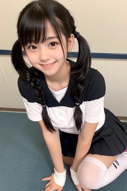 cute, girl, junior high school student, black hair, twin tails, , short sleeves, short skirt, white socks, small bust, blush, smile, see-nipples