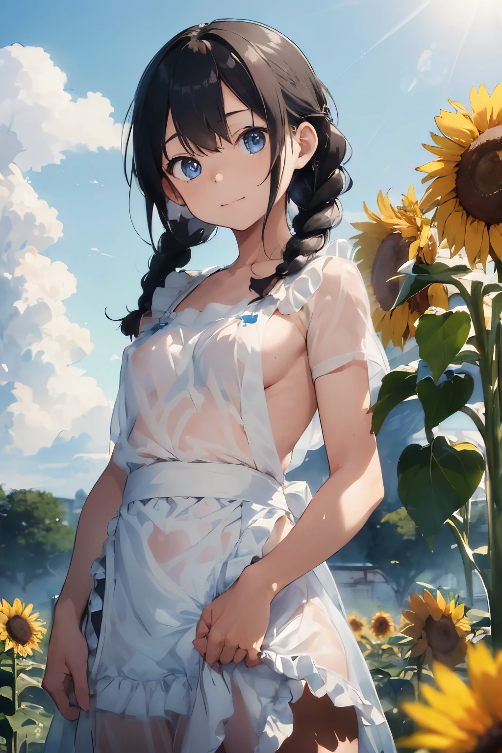 ((Highest quality)), ((masterpiece)), (detailed), (Japanese),, Black Hair,(Childish face), (Braids), Girl , small Breasts, ,(Naked), ((Blue eyes)),half-smile , Sunlight, from_behind, ((arched back)), (extreme_close_up) ,upper body ,Sunflower field ,(Naked Apron),Frill apron,((white See-through)),