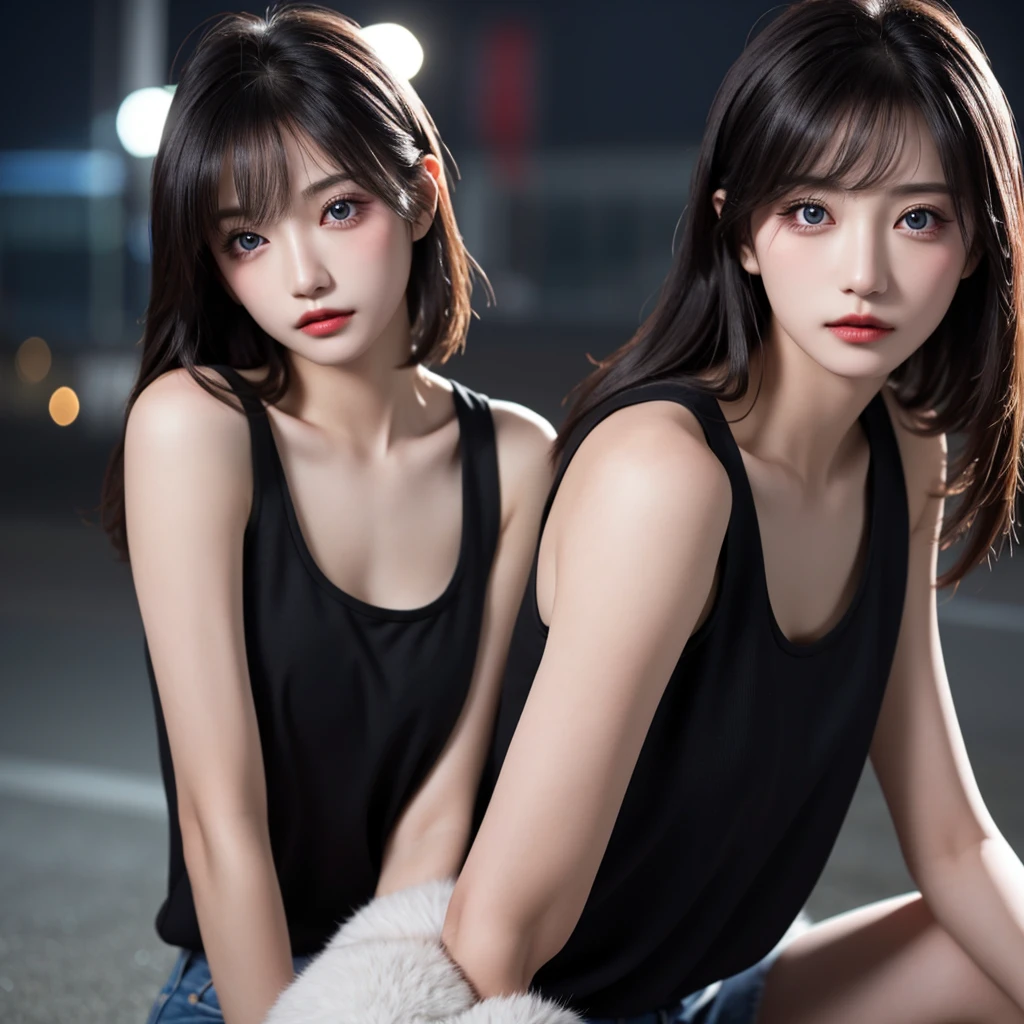 masterpiece, beautiful girl, detailed, Swollen eyes, (Wear loose tank tops that reveal skin:1.6)、Highest quality, 超High resolution, (reality: 1.4), Original photo, One Girl, Cinema Lighting, (Laughter:0.6), Japanese, Asian Beauty, Korean, Proper, Truly beautiful, A slightly younger face, Beautiful skins,Orange Hair、 slim and small breasts, Wear a loose tank top that shows your chest from the side:1.6、Night view background, (超reality的な), (Raise your consciousness), (High resolution), (8k), (非常にdetailedな), (The best Raise your consciousnessns), (Beautiful and detailed eyes), (超detailedな), (wallpaper), (detailedな顔), Looking at the audience, 細かいdetailed, detailedな顔、Deep Shadow、Inconspicuous、Pure erotic face ace_v1、46 point diagonal bangs、Look straight ahead、I see she is small, Flat Chest、Eye color: black、