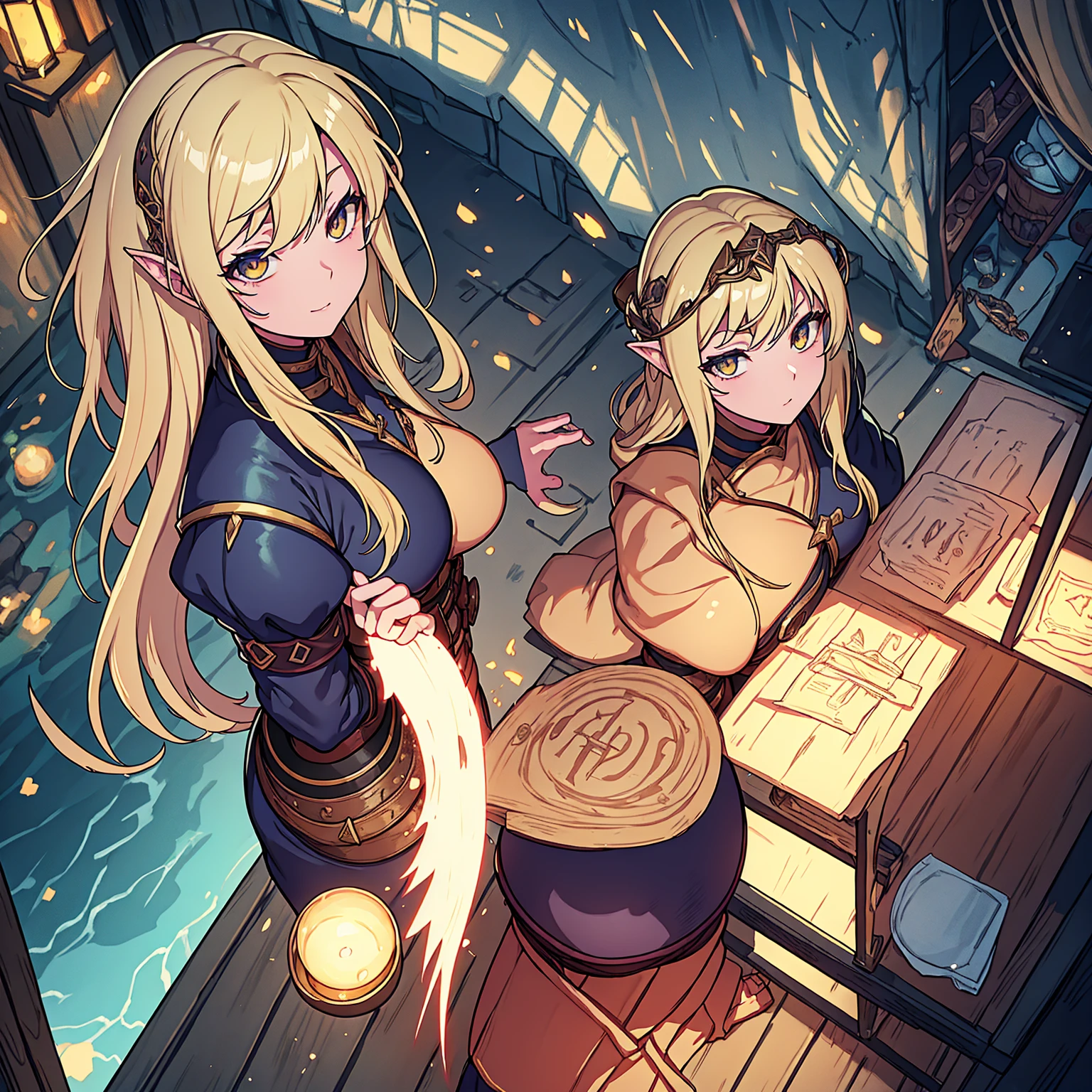 a beautiful anime blonde woman, incredibly tight waitress uniform, clothes are constricting her large breasts, thin waist, working in a medieval tavern, (dungeons and dragons style, middle earth setting, baldurs gate inspired, rpg atmosphere), (best quality, 4k, 8k, highres, masterpiece:1.2), ultra-detailed, anime c:1.37, HDR, UHD, studio lighting, ultra-fine painting, sharp focus, physically-based rendering, extreme detail description, professional, vivid colors, bokeh, portrait