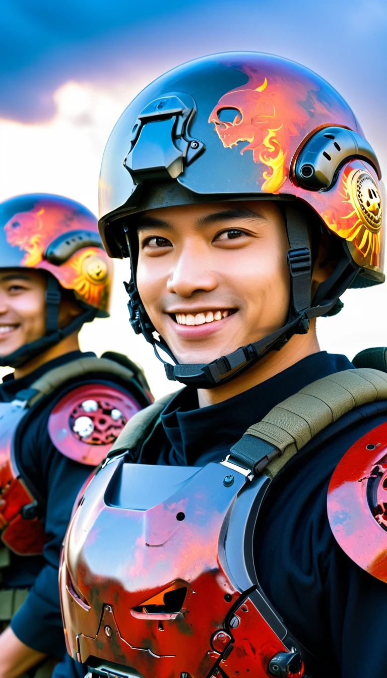 Close-up of a beautiful male soldier, half human, half machine, their faces partially obscured by military helmets. Their eyes are filled with hapiness and longing. The background is a trail of blood and violence. He wears a mechanized robot armor, carved with animal elements, human skulls. The sky is filled with swirling, fiery clouds. The photo conveys a strong sense of the warrior's appearance, ((smiling))