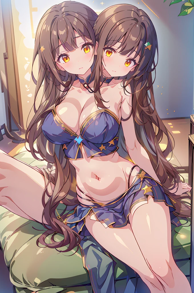 (masterpiece, best quality), best quality, (ultra-detailed), ((3heads:1.5)), 1girl, (star sapphire:1.3), masterpiece, best quality, ultra quality, ultra resolution, ultra detail, white top, crop top, ((stomach)), midriff, ((groin)), open midriff, white and blue skirt, miniskirt, normal ears, shackles, dark brown hair, ((brunette)), very long hair, wavy hair, sidelocks, yellow eyes, detailed eyes, parted lips, fairy wings, sweat, cute, open belly, toned belly, hand on own chest, eyelashes, (24 year old woman:1.3), (masterpiece:1.5), (best quality:1.5), (beautiful detailed), extremely detailed CG, extremely delicate and beautiful, depth of field, (finely detailed face), (perfect details:1.2), (mature female:1.3), wide pelvis, slender, large veiny breast, 16k resolution, highres, high quality, high definition, extremely detailed, masterpiece, dark brown hair, long hair, alluring presence, braid, short skirt, miniskirt, close up, very big tits, huge tits, young, blue ribbon attached to the hair, butterfly-shaped wings, open belly, midriff, nsfw, bare stomach, girl with three heads, three headed girl,
